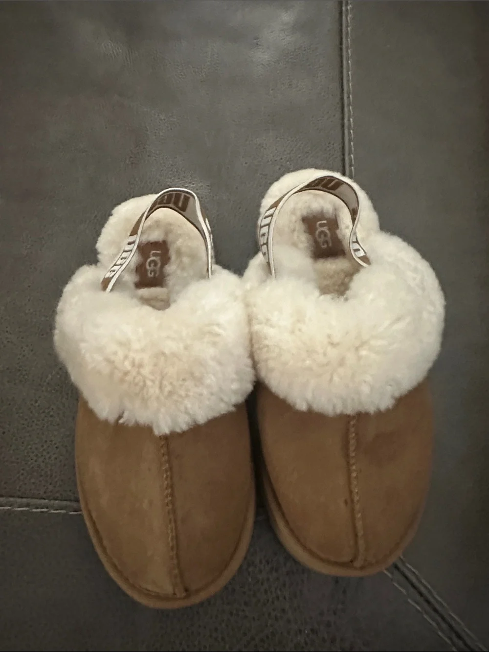 UGG Kids Chestnut Suede Slippers with Cream Fur Trim